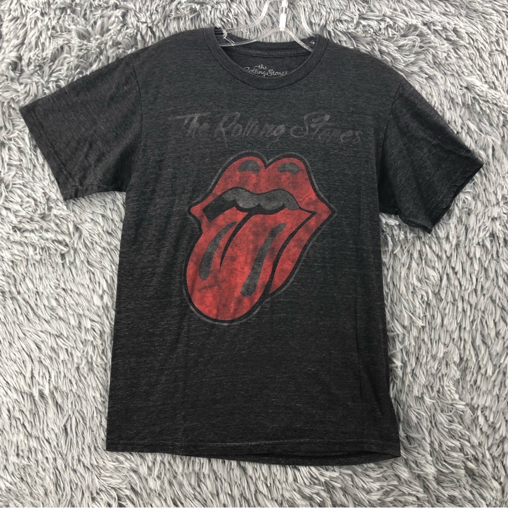 The Rolling Stones Tshirt Unisex Medium Spellout Lips Tongue Logo Music Gray